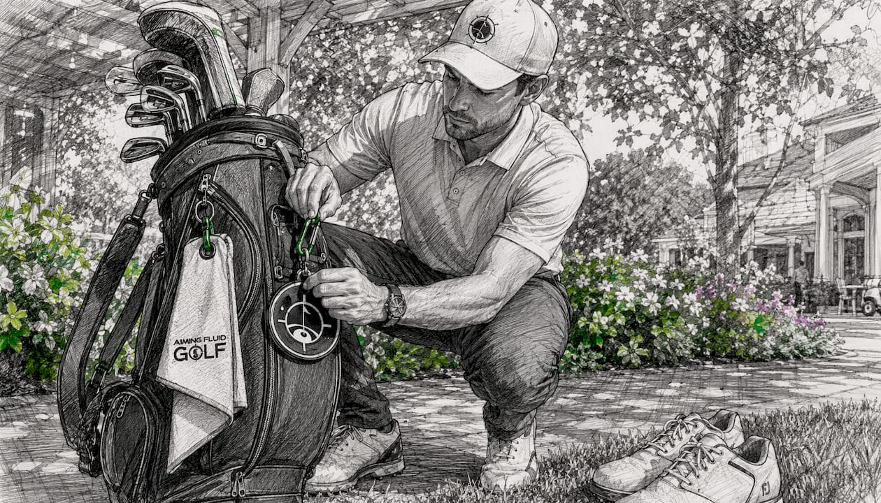 Golfer organizing golf bag accessories outdoors