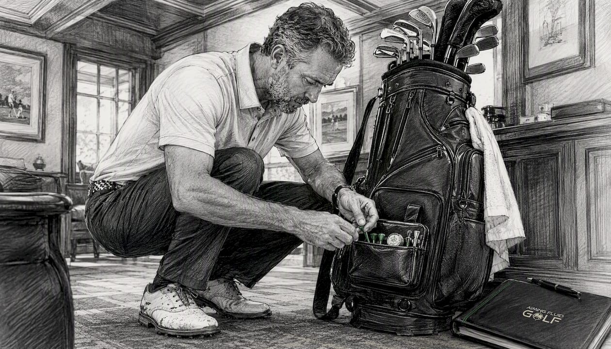 Golfer cleaning grip and organizing golf bag