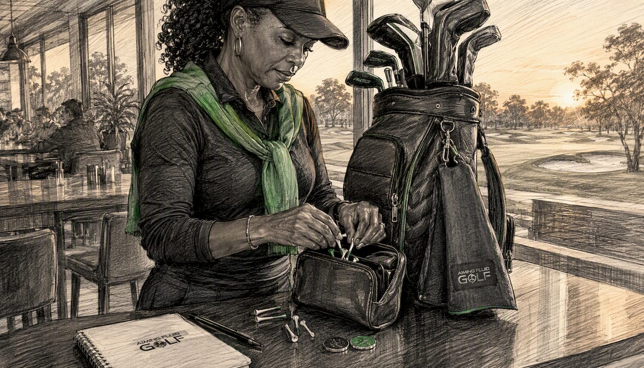 Golfer organizing golf bag compartments outdoors