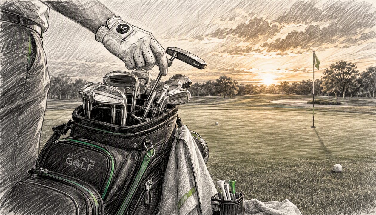 Hand selecting club from organized golf bag