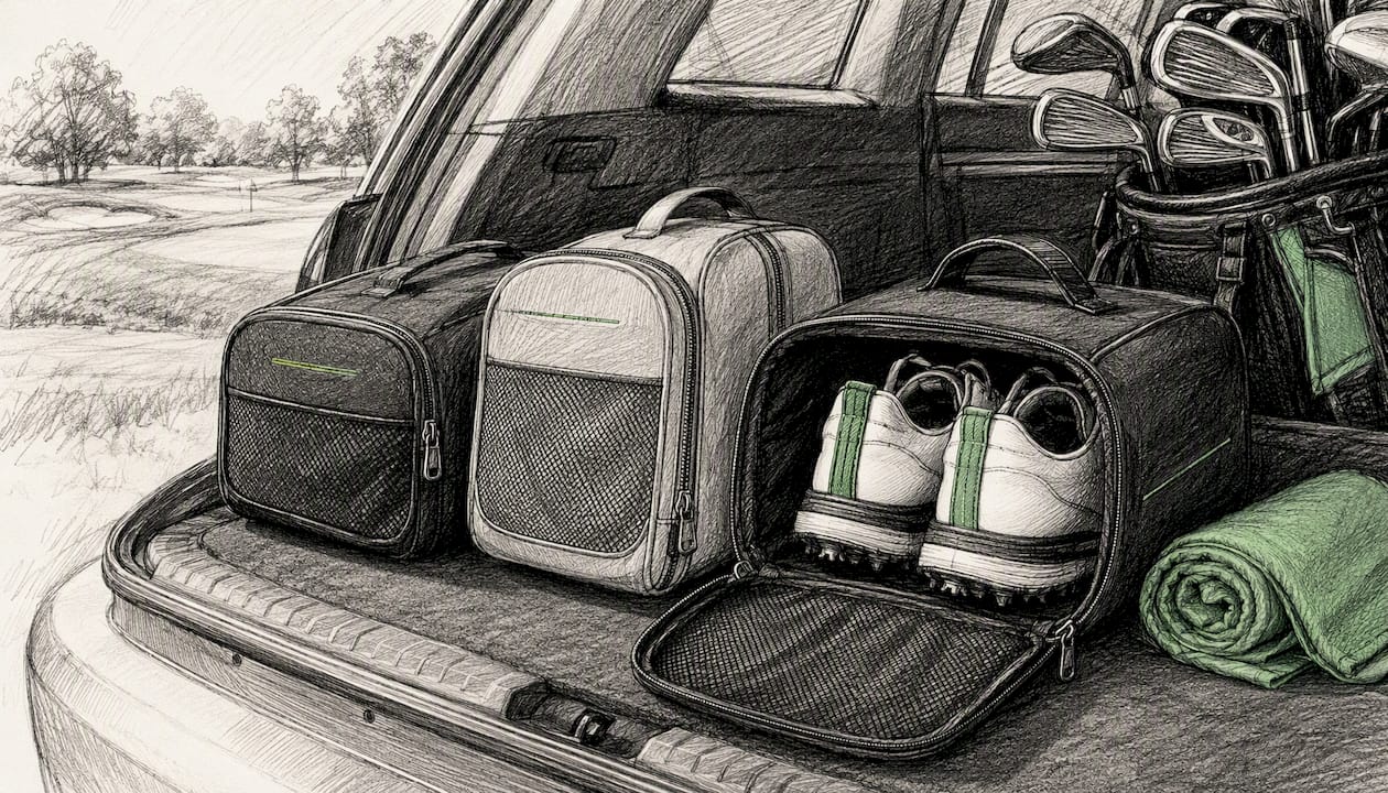 Golf trunk organized with shoe bags and golf gear