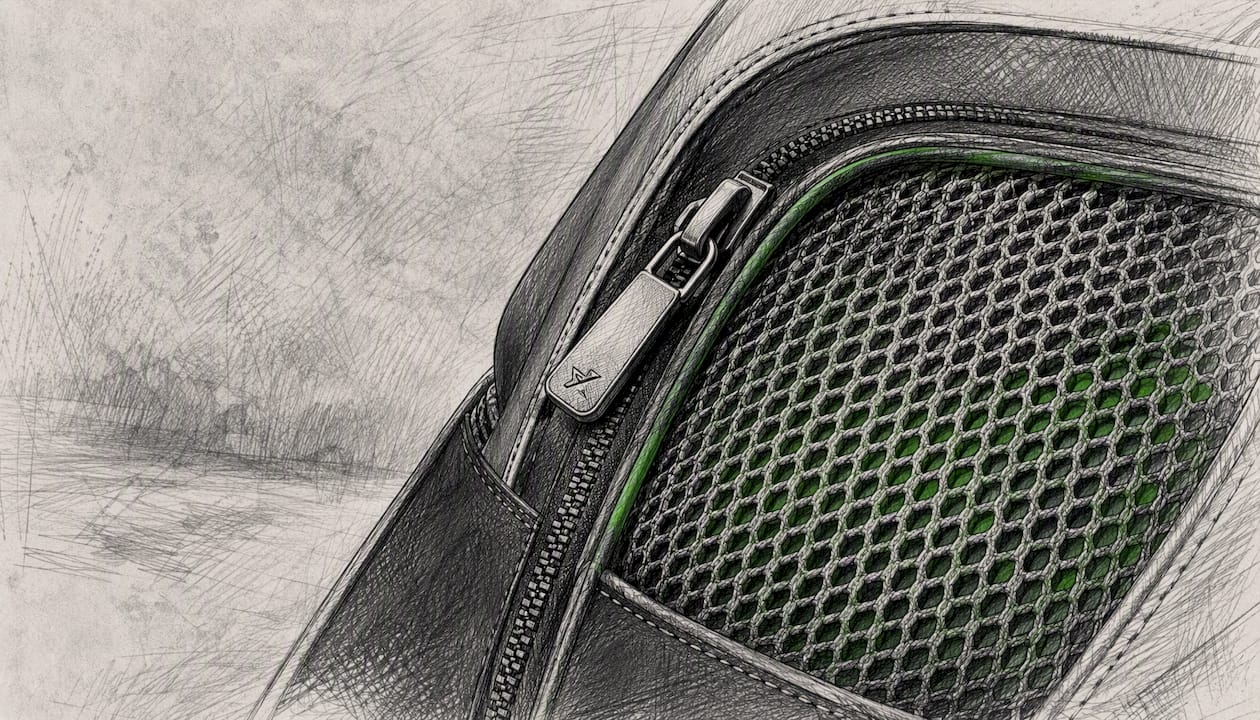 Close-up of ventilated panel and zipper on shoe bag