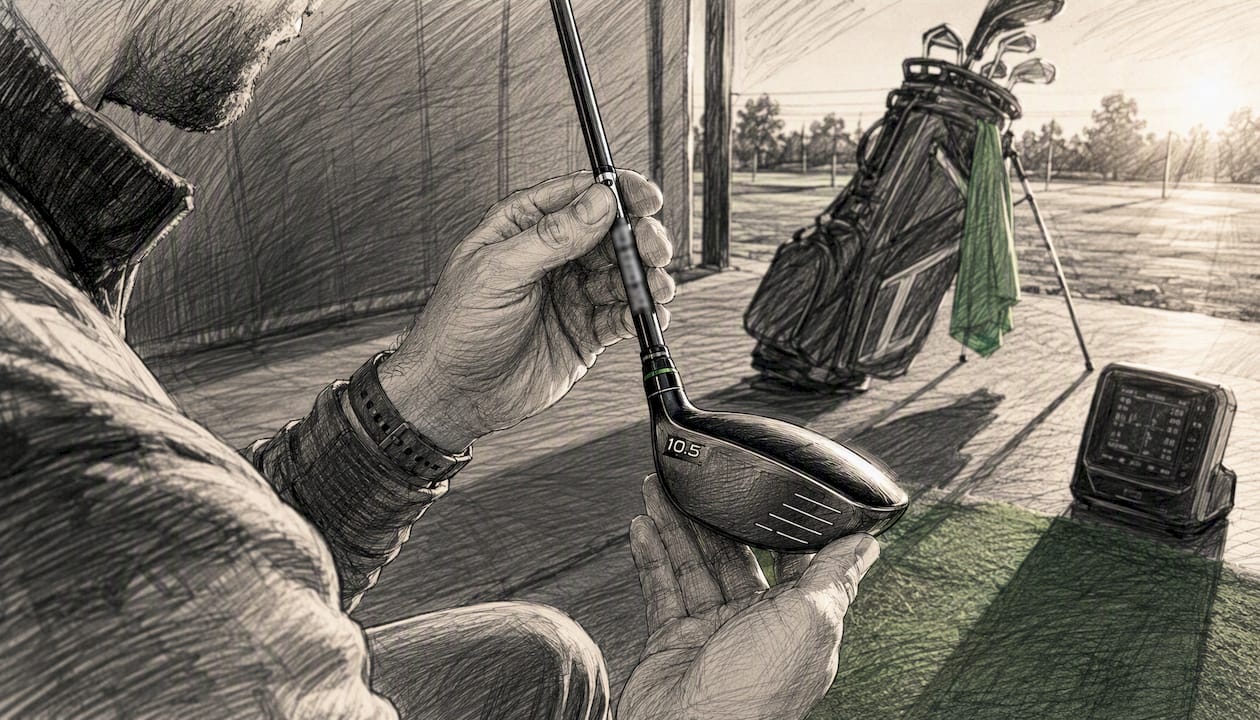 Golfer closely inspecting golf club specifications