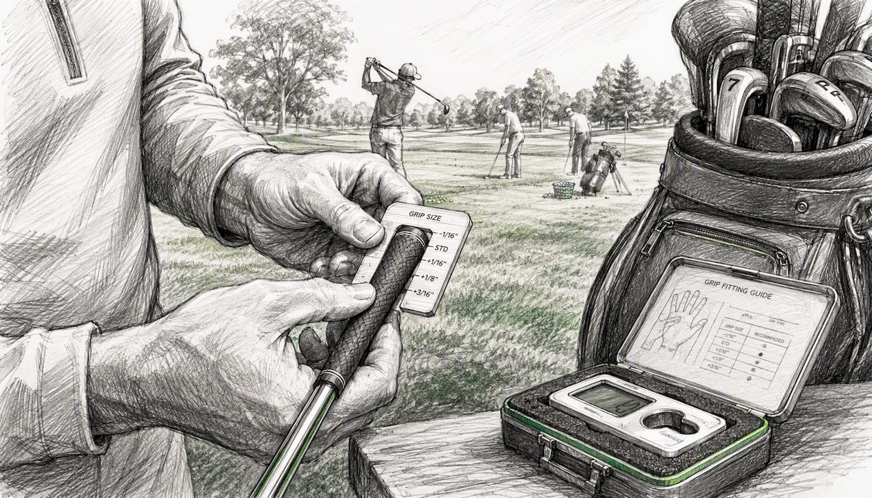 Hands adjusting golf club length during fitting
