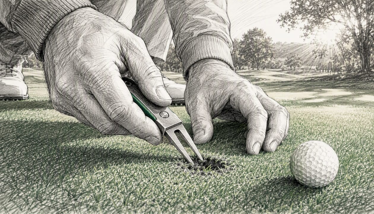 Golfer repairing pitch mark on green