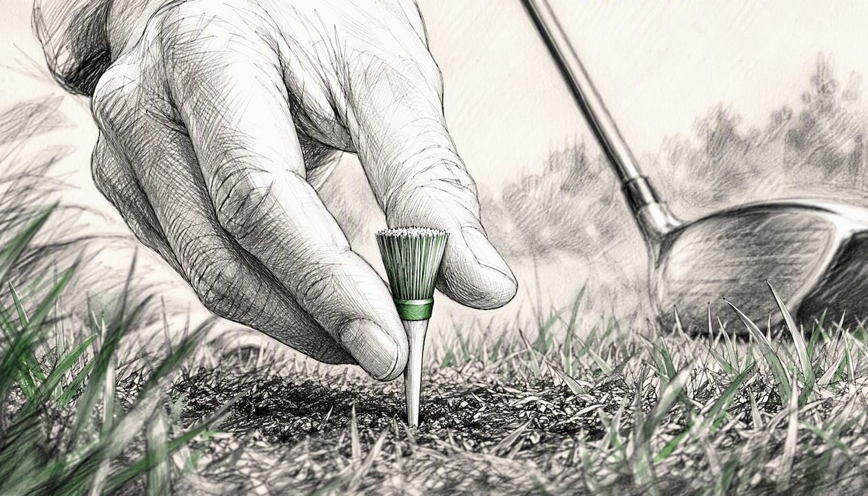 Golfer setting brush-style golf tee in grass