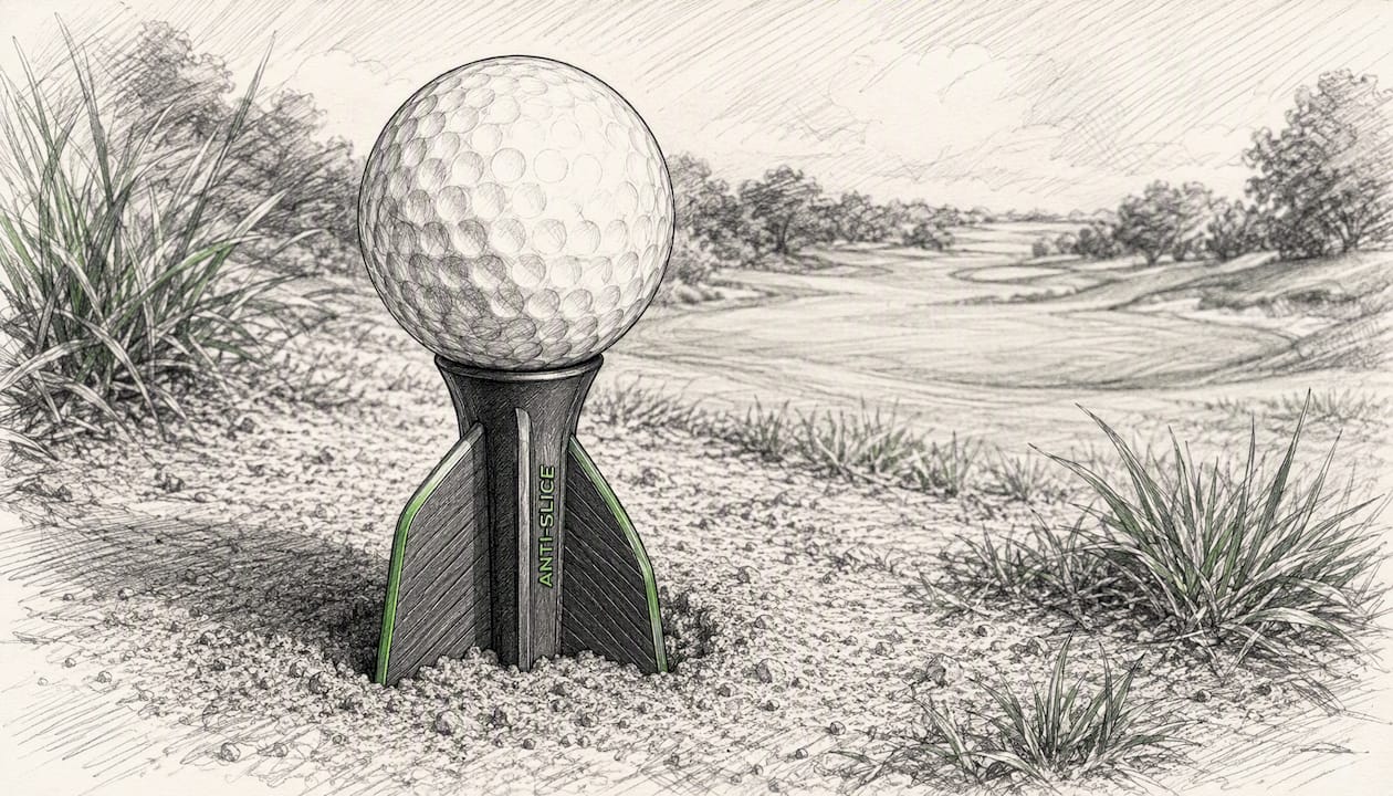 Close-up of anti-slice golf tee with fin design