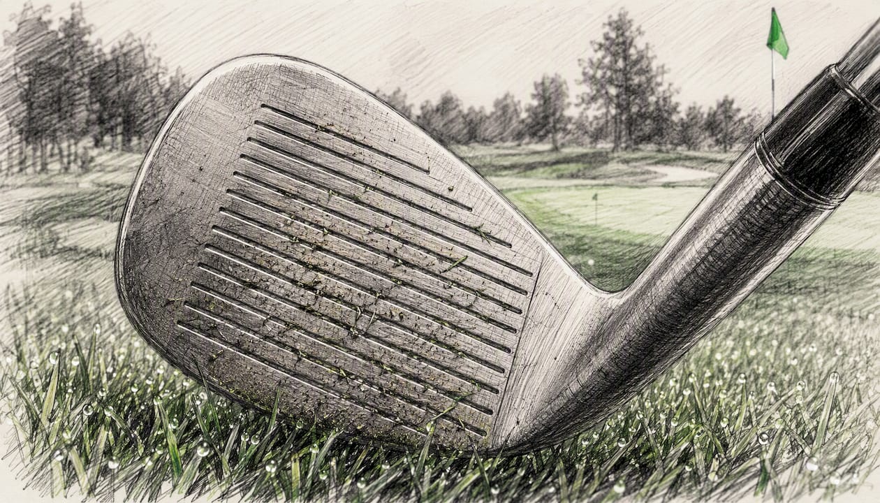 Close-up of sharp golf wedge grooves
