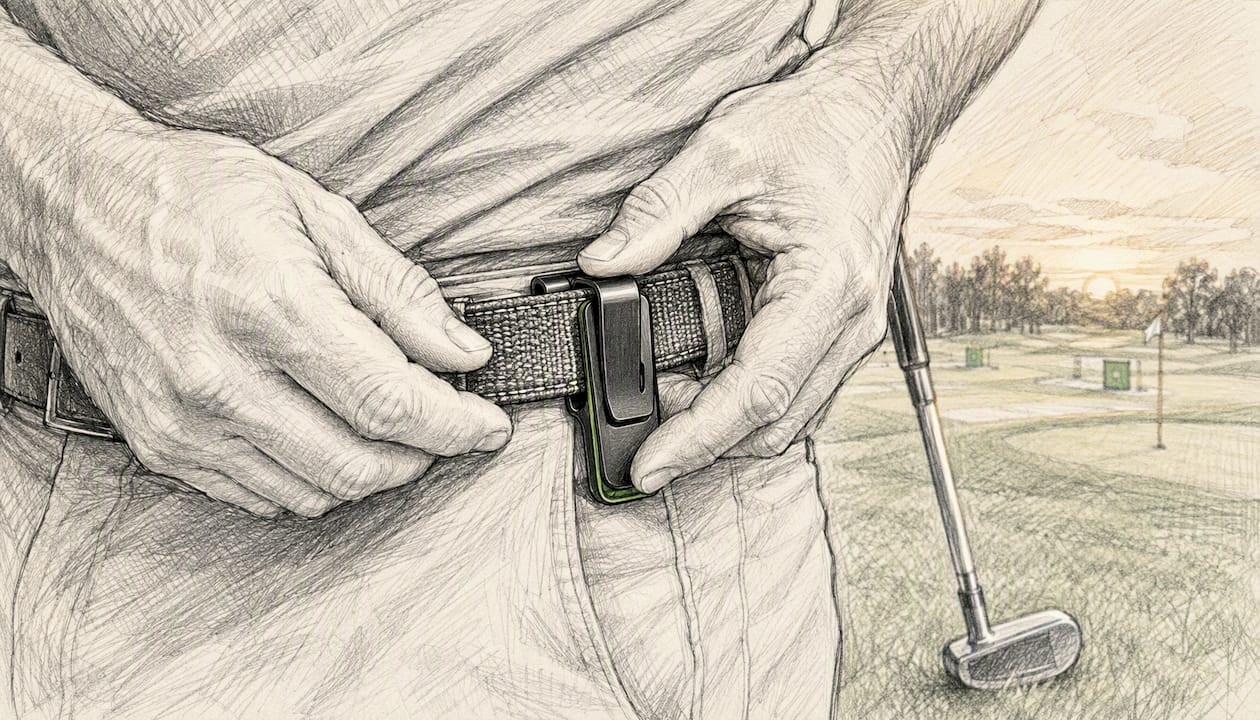 Hands installing a golf belt clip