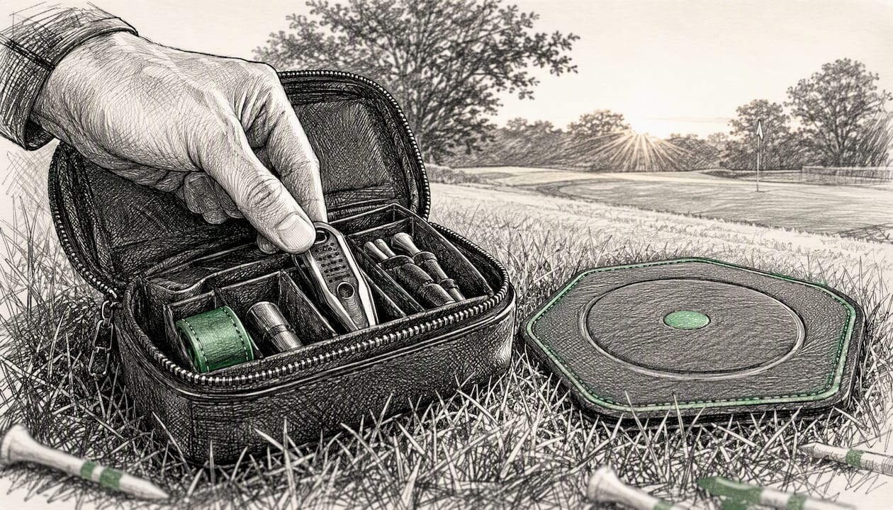 Leather pouch with magnetic landing pad on golf bag