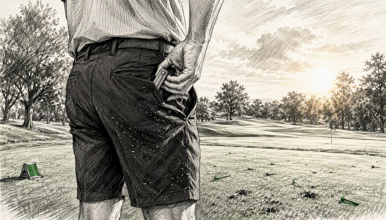 Golfer placing foldable divot tool in pocket