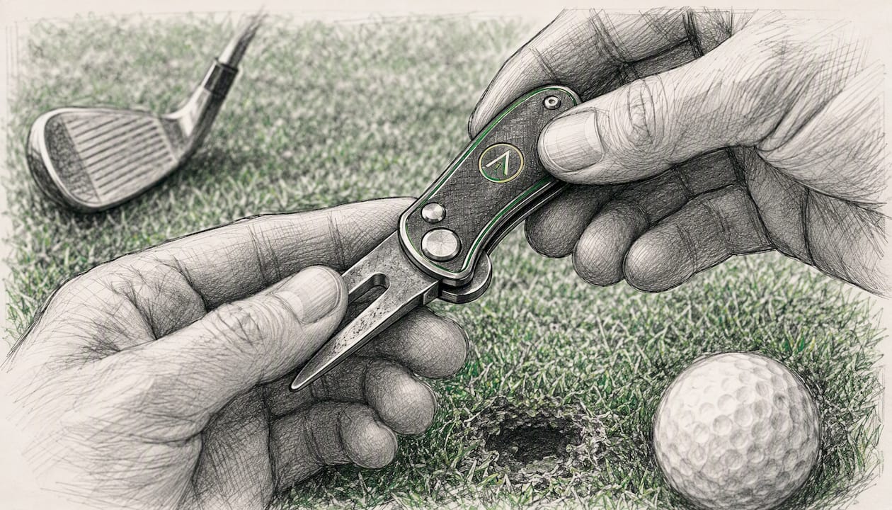 Hands unfolding foldable divot tool on green