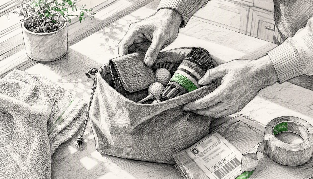 Hands packing golf accessories for return shipment