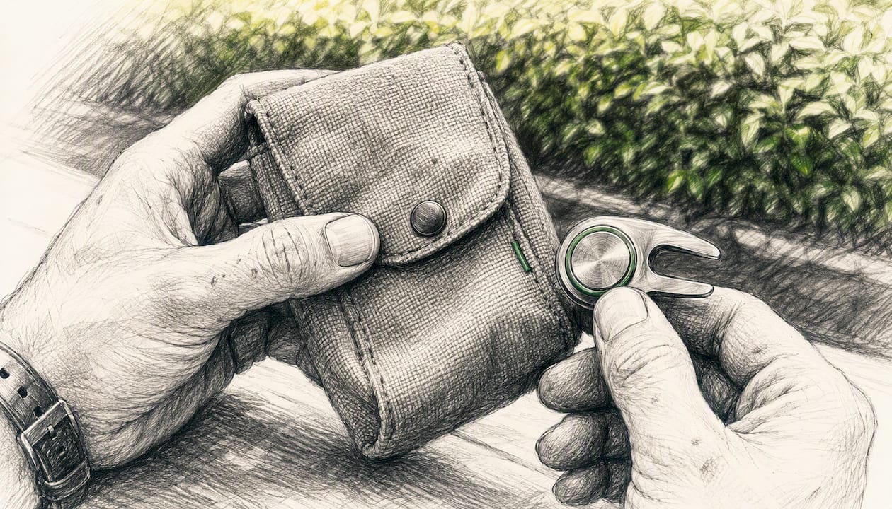 Hands inspecting golf accessory materials
