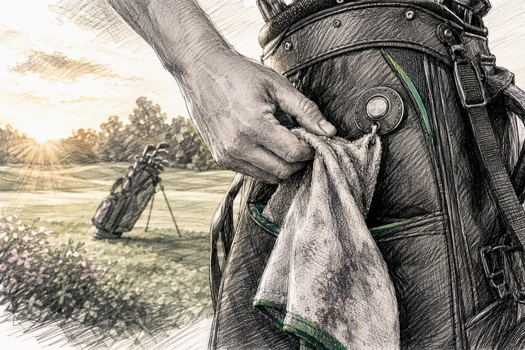 Hand retrieving towel from magnetic golf bag pocket
