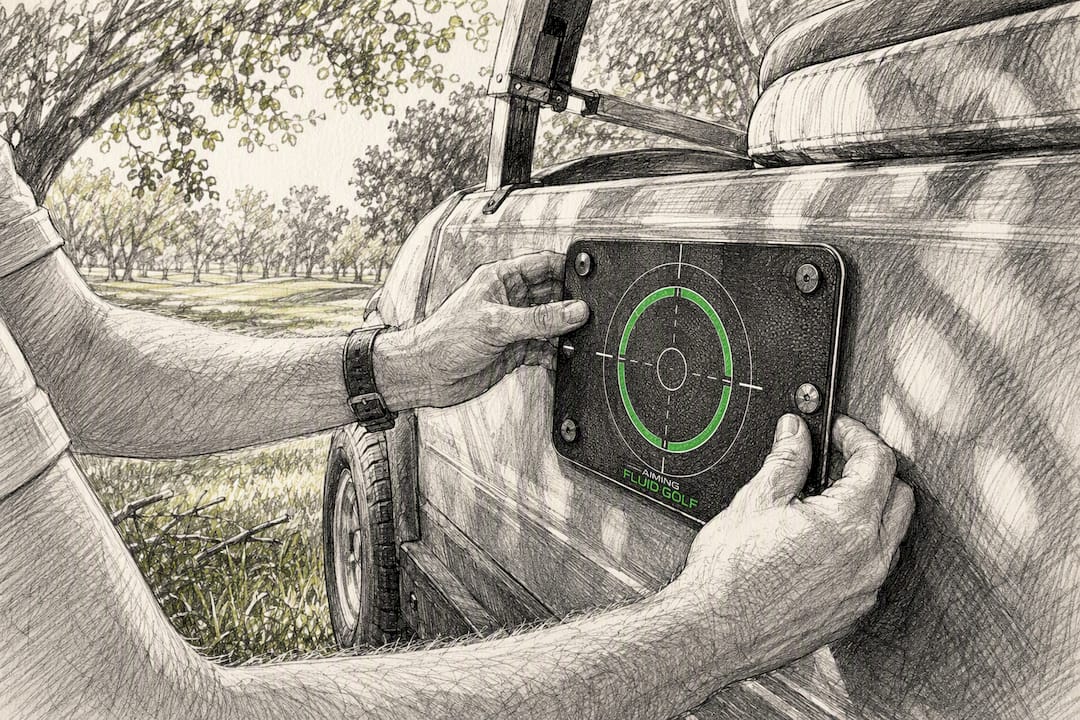 Hands mounting magnetic landing pad on golf cart pillar