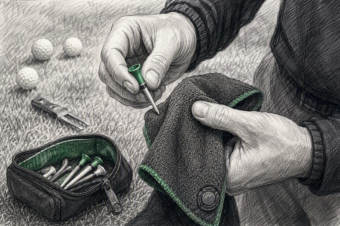 Hands inspecting golf accessories at tournament