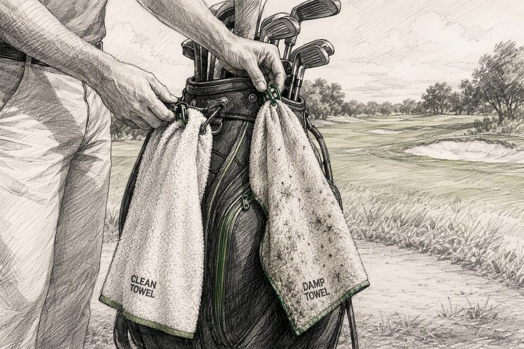 Golf towel two-towel system hanging on bag