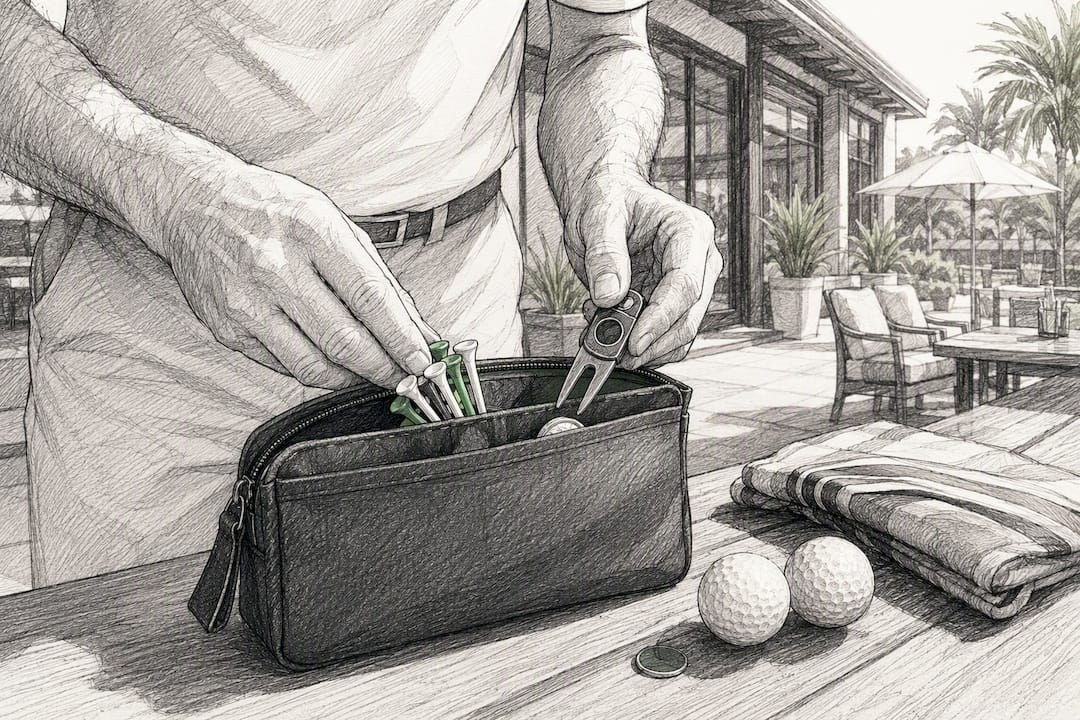 Golfer placing golf accessories in clear pouch