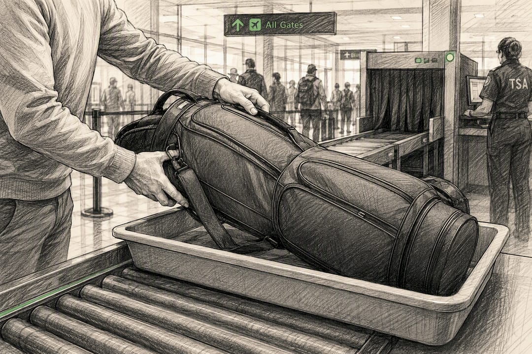 Golf bag on airport security conveyor belt