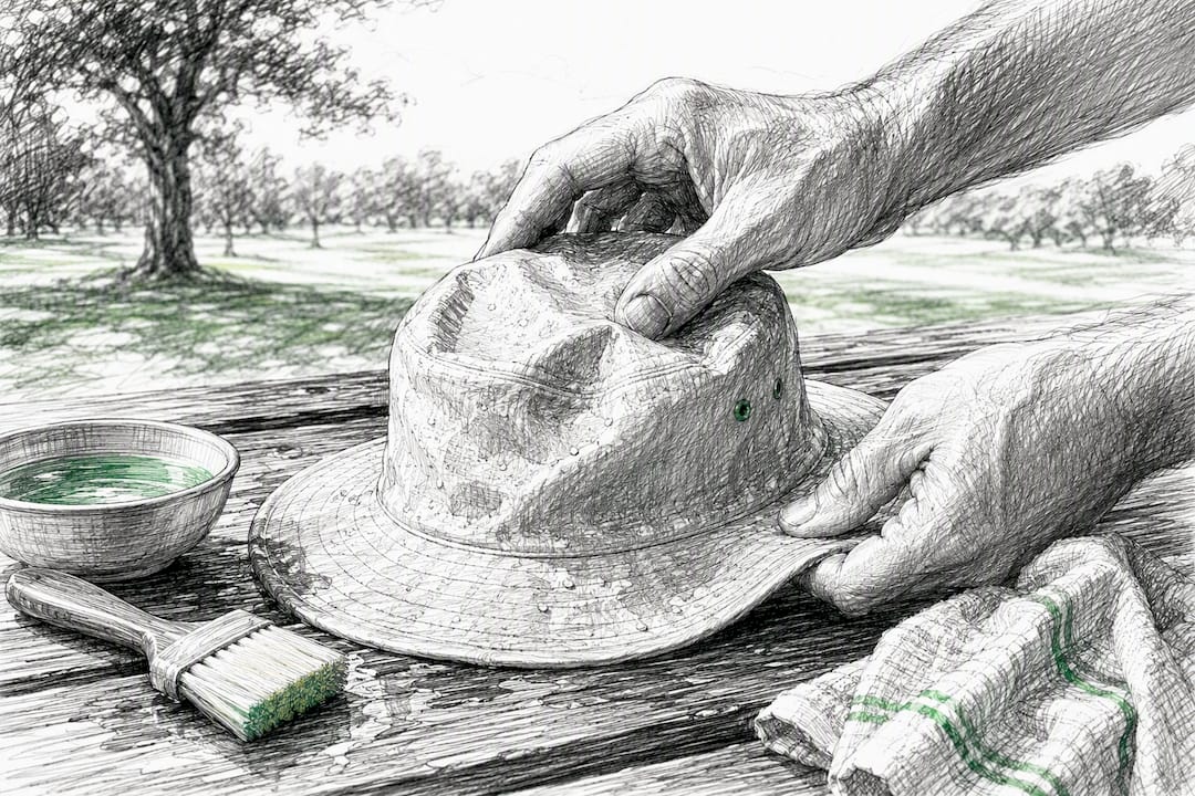 Hands shaping damp golf hat after washing