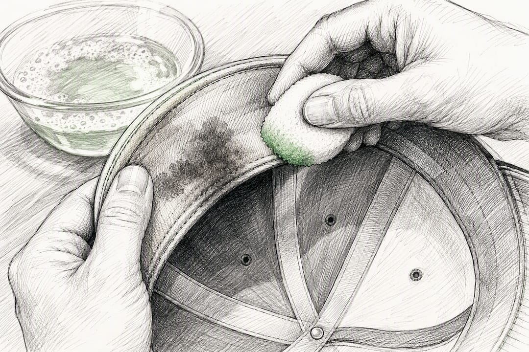 Hands removing sweat stains from golf hat