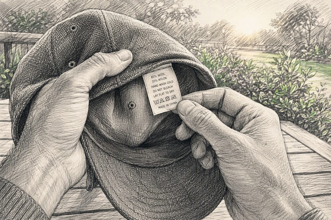 Hands reading golf hat care label