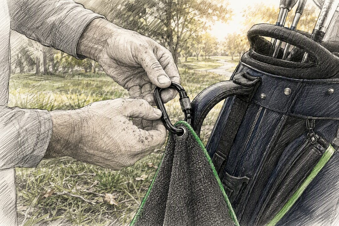 Hands clipping locking carabiner on golf cart bar