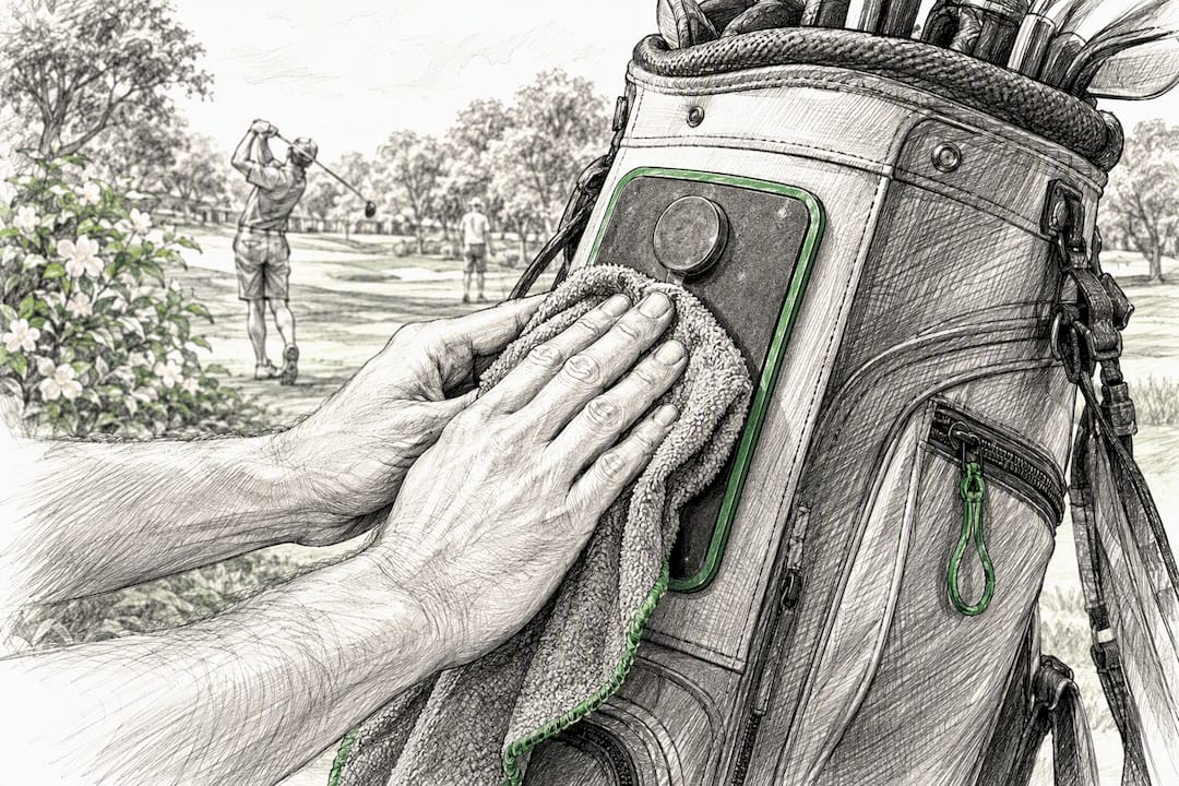 Hands attaching towel to magnetic landing pad on bag