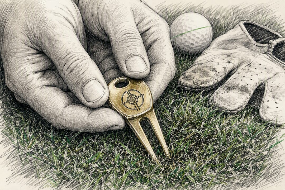 Close-up of engraved golf divot tool in hand