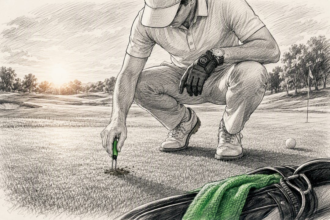 Golfer repairing ball mark on green using divot tool