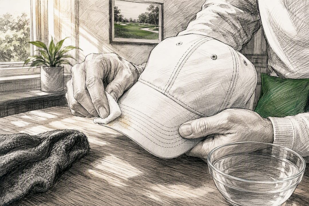 Golfer spot cleaning golf hat brim