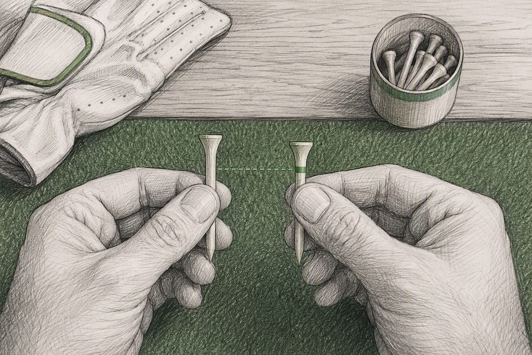 Hands comparing marked and fresh golf tees
