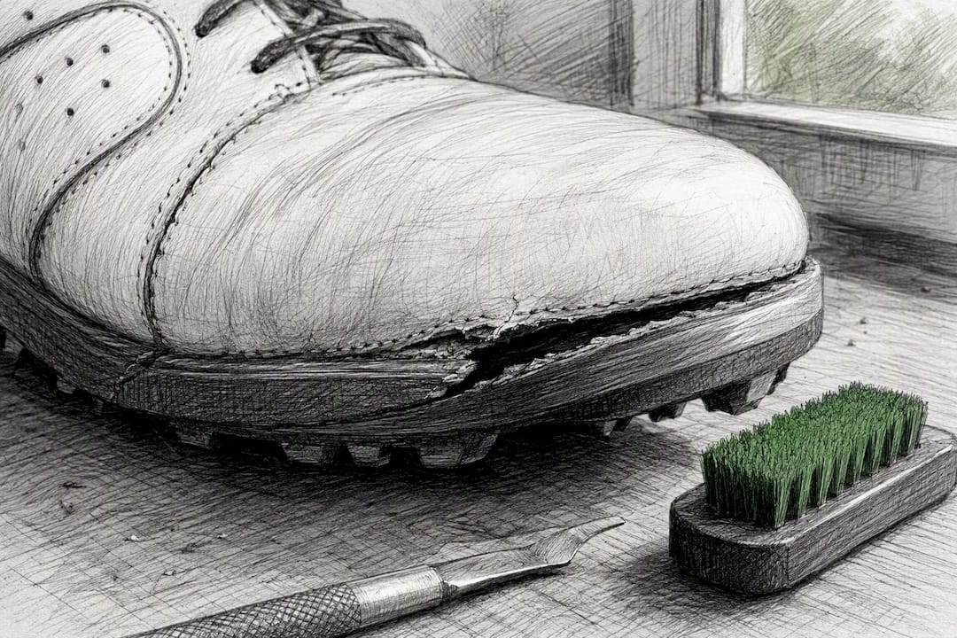Close-up of split golf shoe seam and sole
