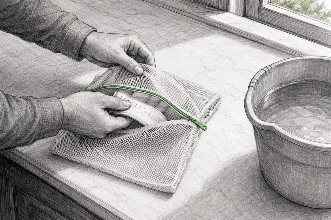 Synthetic glove inside mesh laundry bag