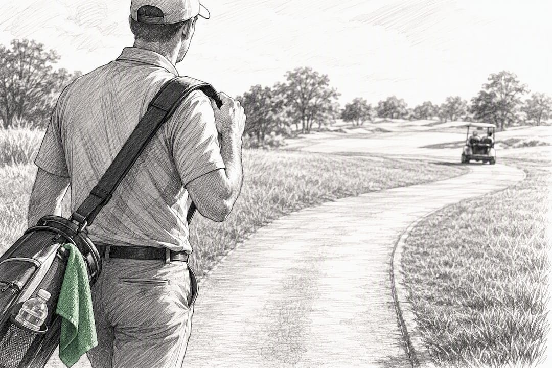 Golfer walking with a towel-equipped bag