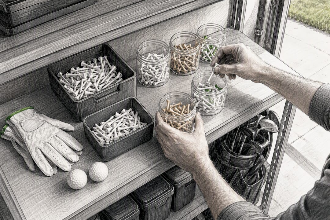 Hands organizing golf tees in garage bins