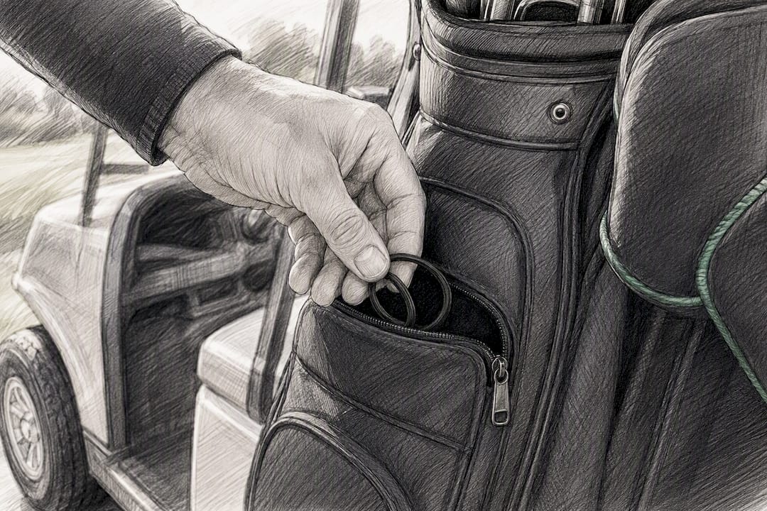 Hand storing spare hair ties in golf bag