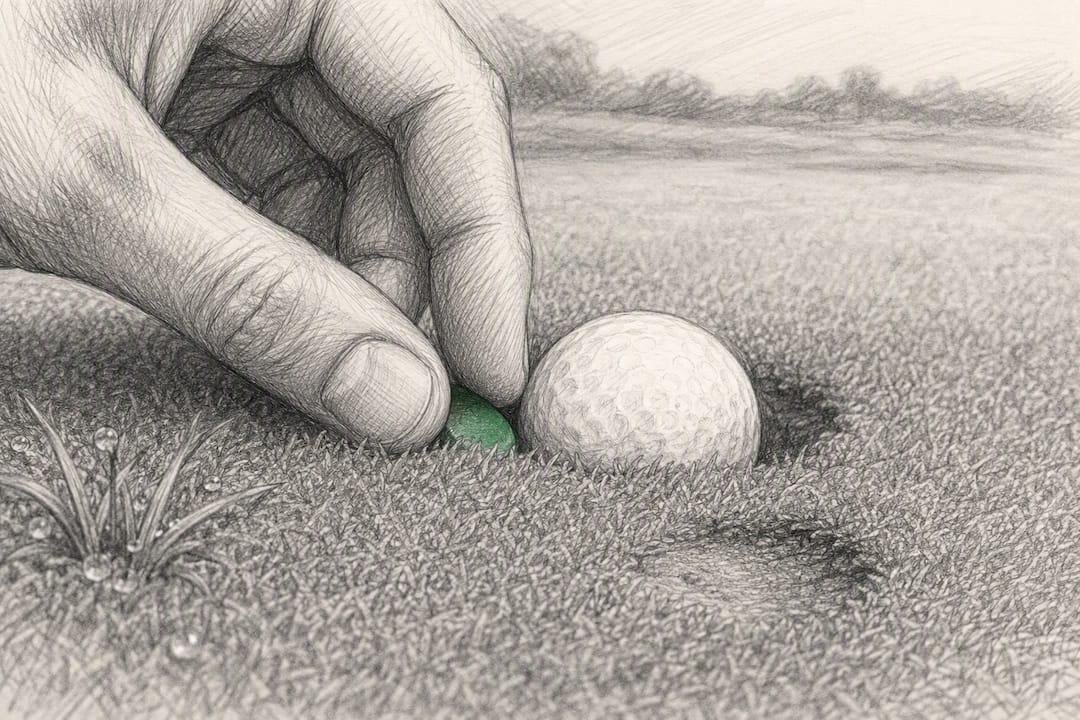 Golfer marking embedded ball on green
