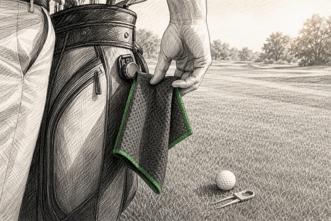 Golfer retrieving towel beside golf bag