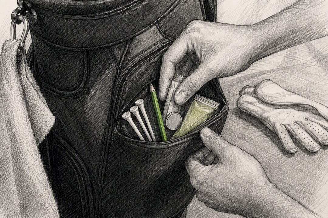 Hands organizing essential items in golf bag pocket