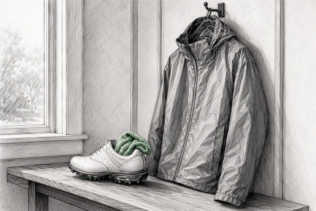 Rain jacket and golf shoe drying between rounds