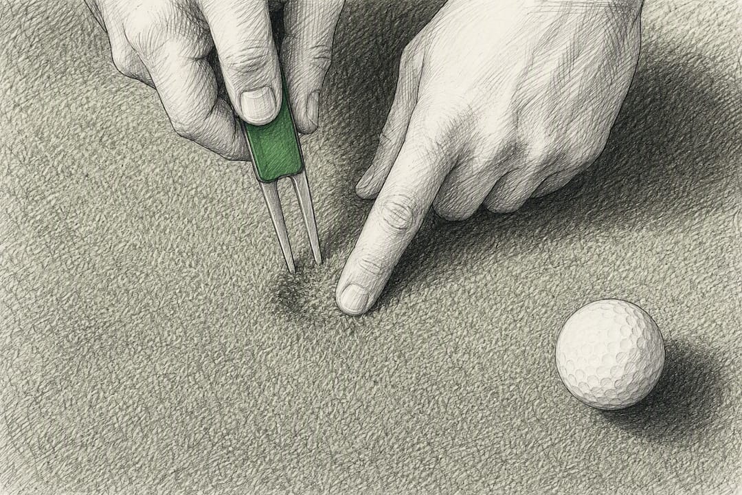 Hands repairing a ball mark inward
