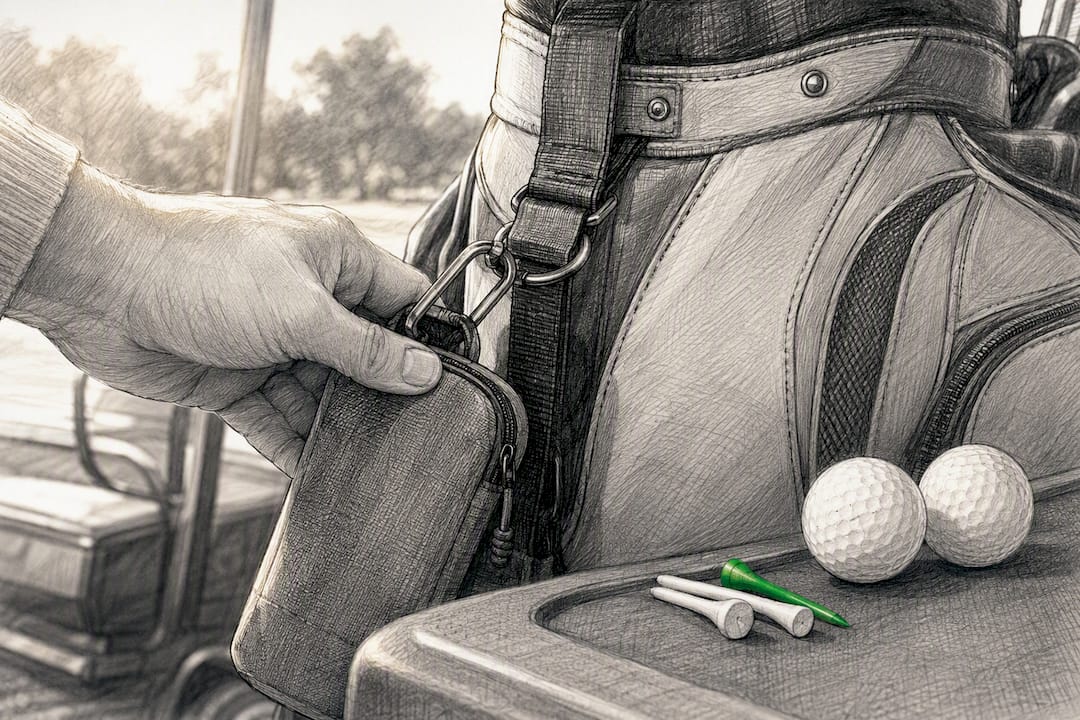 Hand attaching a small pouch to golf bag strap