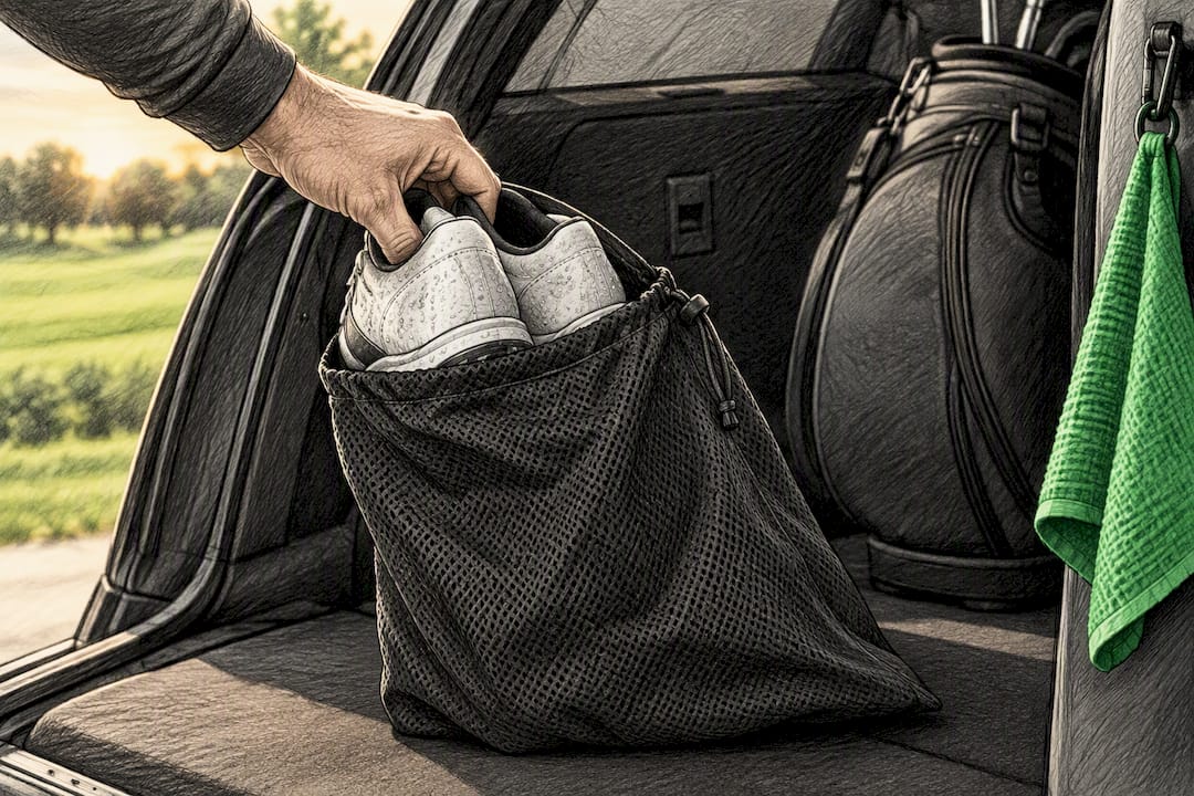 Anonymous breathable shoe bag beside clipped towel