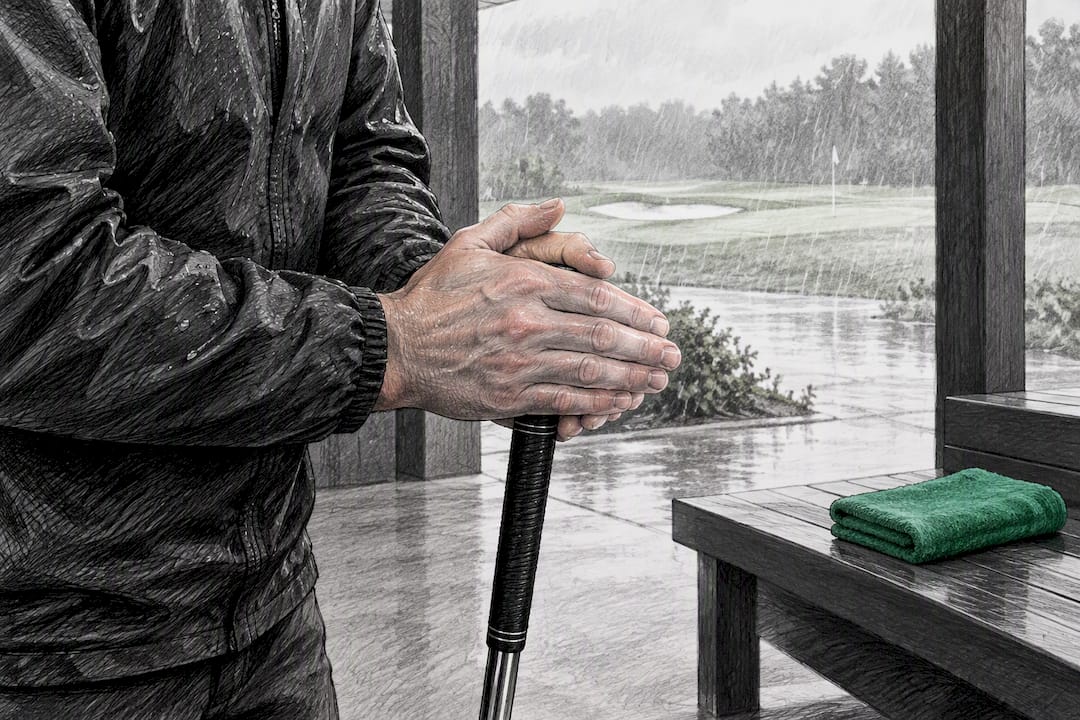 Golfer warming wet hands between shots
