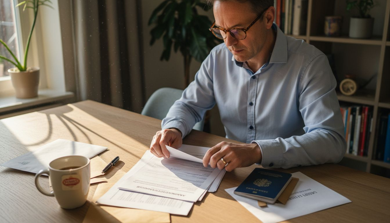 Man verzamelt en ordent papieren voor zijn cursusinschrijving