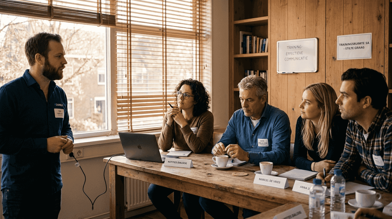 Een kleine groep zit samen aan tafel voor een taaloefening.