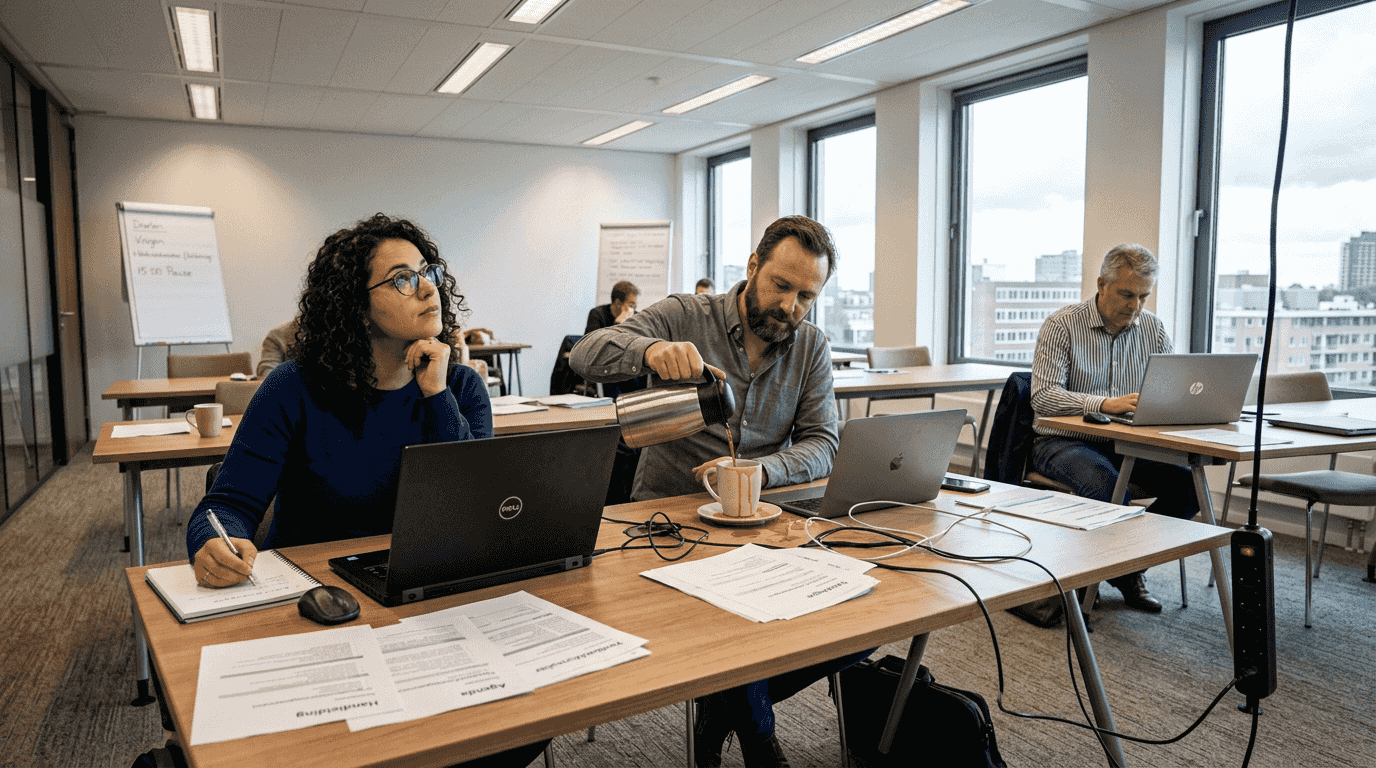 In het leslokaal werken volwassen cursisten achter hun laptop aan opdrachten.