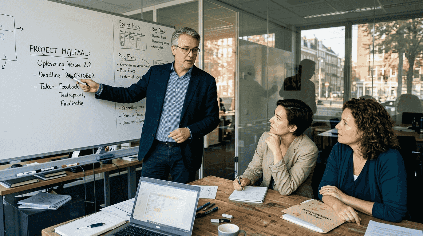 Een manager die zijn team in het Nederlands aanstuurt op kantoor.